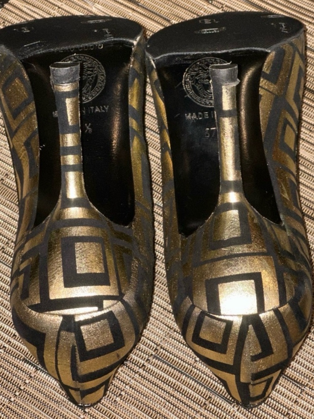 EUC Gianni Versace Gold and Black Geometric Peep-Toe Stiletto Runway Style - Picture 8 of 10